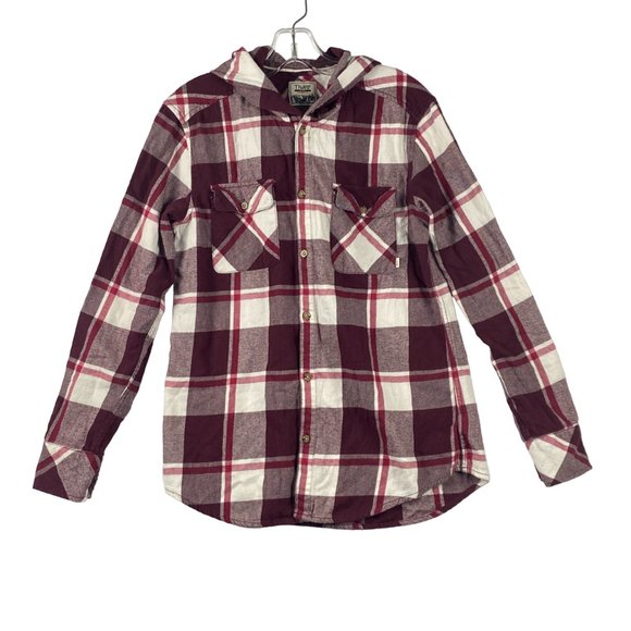 Aritzia TNA Hooded Shirt‎ Boyfriend Fit Flannel Plaid Button Up Red White - Picture 1 of 15